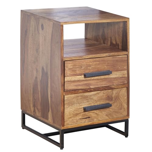 FineBuy Nachttisch Sheesham Massivholz/Metall 40x35x66 cm Nachtschrank Boxspringbett, Design Nachtkonsole mit 2 Schubladen, Nachtkommode Industrial mit Stauraum