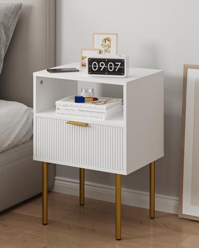 JERX Nachttisch, Moderner Beistelltisch mit Schublade und offenem Holzregal, für Wohnzimmer, Schlafzimmer und kleine Räume, Akzent Nachttisch mit Massivholzbeinen, einfache Montage