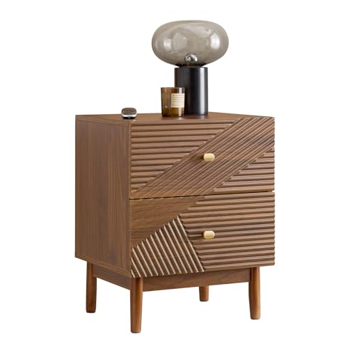 SoBuy Vintage Nachttisch mit 2 Schubladen, Holz Beistelltisch mit Gummibaumholzbeinen, Nachttisch für Schlafzimmer, Wohnzimmer und Büro, Braun, B45 × T40 × H58 cm, FBT170-N