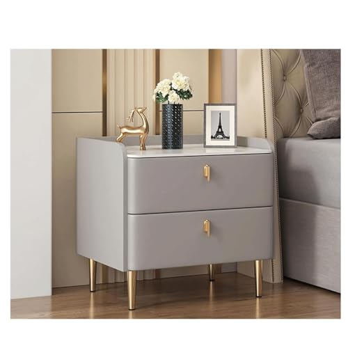 Nachttisch mit 2 Schubladen, Nachttisch aus Massivholz mit Kunstmarmor und PU-Leder-Akzent für Schlafzimmer