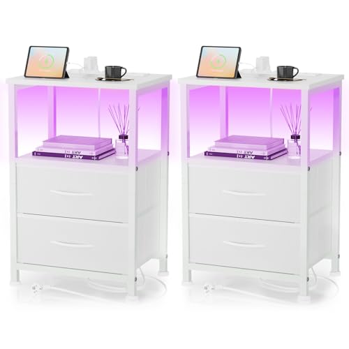 Yornoli Nachttisch 2er Set LED & Ladefunktion, Beistelltisch Schublade, Nachttische 3 AC Anschlüsse & 2 USB Anschlüssen, Beistelltische fürs Wohnzimmer, Schlafzimmer, Weiß