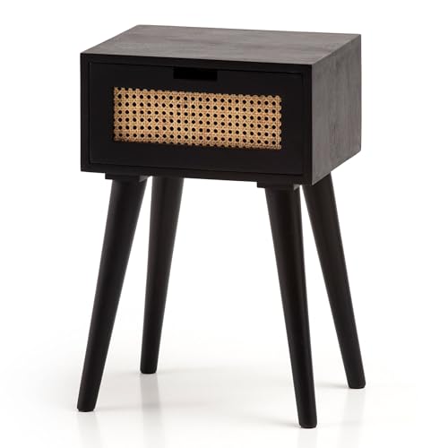 Wohnling Mango/Rattan 40x60x30 Schwarz, Boxspringbett Schublade Wiener Geflecht, Nachtkästchen Stauraum