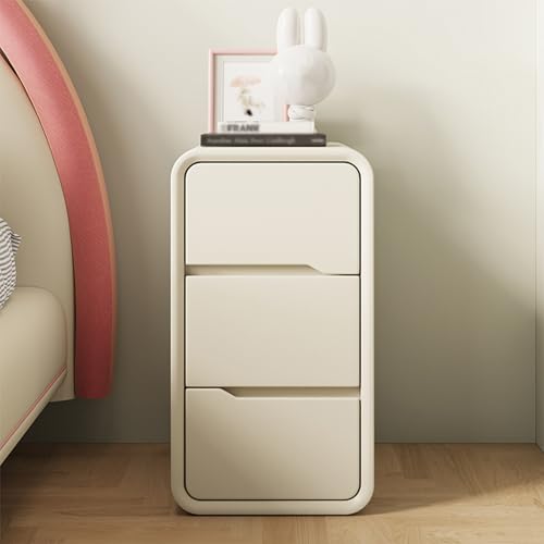 Nachttisch aus Holz mit 3 Schubladen in Creme-Optik, minimalistischer kleiner Nachttischschrank, moderne Schlafzimmermöbel für kleine Räume, cremefarbener Nachttisch, schmaler Nachttisch für