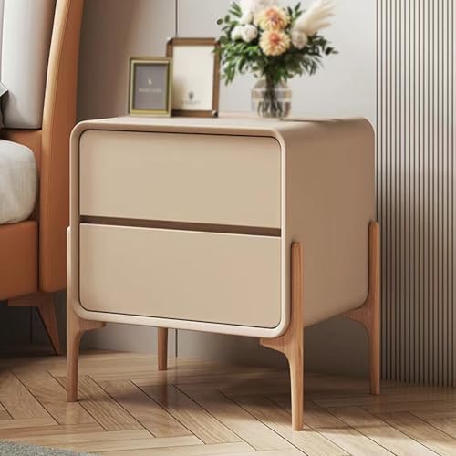 Nachttisch, minimalistischer Nachttisch aus Holz mit 2 Schubladen – moderner Nachttisch mit hohen Beinen für Schlafzimmer und Hotel – stilvoller Beistelltisch aus Leder mit großer Lagerkapaz
