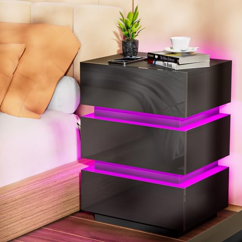 Nachttisch mit led,Nachttisch mit beleuchtung Nachttisch Schwarz hochglanz Nachttisch mit steckdose Nachttisch mit ladefunktion Nachttisch mit 3 Schubladen und 16 Farben LED (Schwarz, 45x35x61cm)