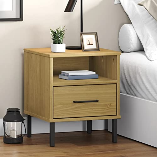 KTHLBRH Nachttisch Oslo mit Metallbeinen Braun Massivholz Kiefer beistelltisch nachtschrank for Wohnzimmer Zimmer