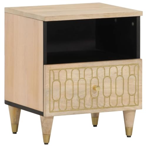 KATERYY Nachttisch 40x33x46 cm Massivholz Mango,Edler Nachttisch aus massivem Mangoholz mit handgeschnitztem Muster – Elegante Stauraumlösung für Dein Zuhause Schlafzimmer, Nachttische