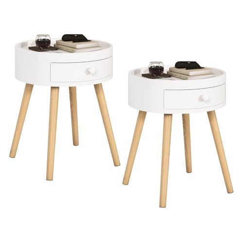 WOLTU Nachttisch 2er Set Beistelltisch Nachtkommode Nachtschrank Sofatisch, mit Schublade, mit Beinen, Holz, MDF, Weiß, TS111ws-2