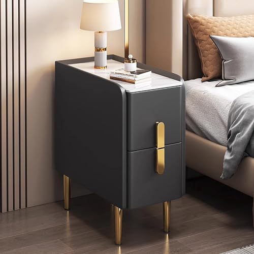 Schlanker Nachttisch für kleine Räume – Moderner, minimalistischer Nachttisch mit PU-Leder-Finish, Metallbeinen und doppelter Schubladenaufbewahrung für Schlafzimmer und Wohnzimmer