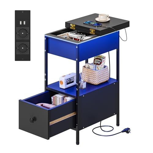 Dripex Nachttisch mit Ladefunktion und LED-Beleuchtung, Beistelltisch mit Schubladen, Verstecktem Stauraum und offenes Fach, Sofatisch Schmaler für Schlafzimmer, Wohnzimmer, 60 x 28 x 63.5 cm, Schwarz