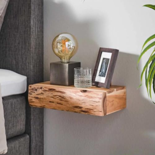 RINGO-Living Massivholz Nachttisch mit Ablage& Schublade 400mm, Schwebend Stauraum Nachttisch Industrial Style, Nachtschrank, Kleiner Nachttisch Industrie Style, Nachttisch Holz Echtholz Mini
