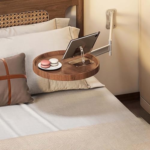 Wandmontierter Nachttisch-Organizer, 720° faltbares Nachttischregal, perforiertes Nussbaum-Nachttablett, hängender Beistelltisch für Schlafzimmer, 28 x 28 cm