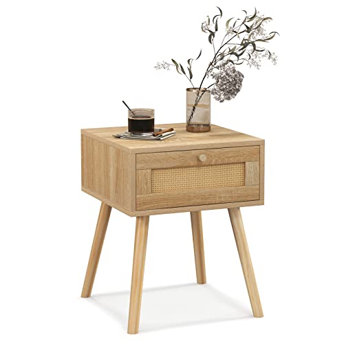 RELAX4LIFE Nachttisch mit Schublade, Beistelltisch mit Rattan-Design, Nachtkommode mit Massiven Kiefernholzbeinen & Metallgriff, Sofatisch Wohnzimmer Schlafzimmer, 40 × 40 × 55 cm (Natur)