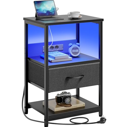 Seventable Nachttisch mit LED & Steckdose, Moderner Nachtschrank mit Stauraum,einfach montierbar, Beistelltisch für Wohnzimmer, Schlafzimmer & kleine Räume, Schwarz