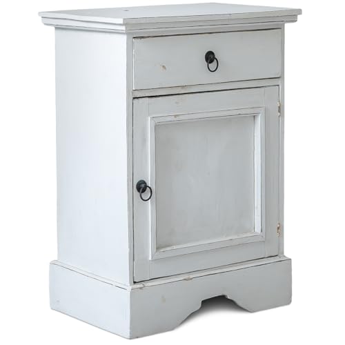 livasia Balinesischer Nachttisch – 45x30x60cm – Vintage Kommode mit Schublade und Tür, Wohnzimmer Kommode im Landhausstil aus Albiziaholz, Handgefertigt und Nachhaltig aus Bali, Shabby Look (Weiß)