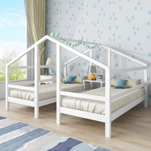 Kinderbett für 2 Kinder, 90×200cm, Holz Hausbett Babybett für Jungen & Mädchen, Zwei Einzelbetten unter einem Dach im Hausbettdesign Lattenrost, Jugendbett Rausfallschutz, Weiß