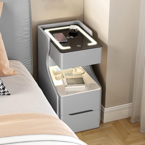 Moderner Nachttisch mit Ladestation und LED-Leuchten, 3 geräumige Schubladen, stilvoller Nachttisch für Schlafzimmer und Wohnzimmer, Silber-Finish, Größe: 9,8 x 1 Zoll