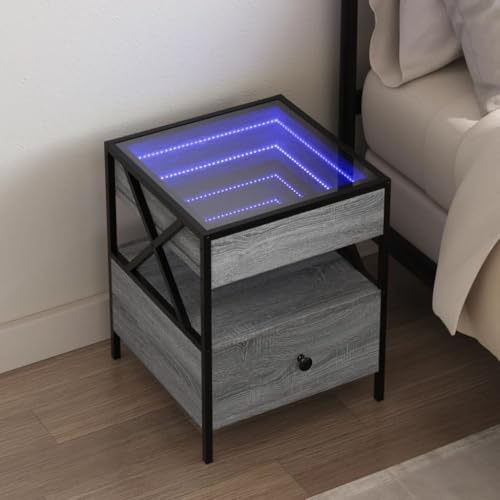 IBUQDDV Telefontisch Sofatisch Nightstand Ablagetisch Nachttisch mit Infinity-LED Grau Sonoma 40x40x51 cm für Schlafzimmer, Esszimmer, Büro