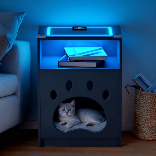 LED-Nachttisch mit RGB-Farbverstellung Katzen-Condo-Kabellose Ladestation und Stauraum, Katzenhaus-Haustier-Nacht tisch Glas-Tischtisch-Beistellt ische für Wohnzimmer, Schlafzimmer, Büro und Sofaseite