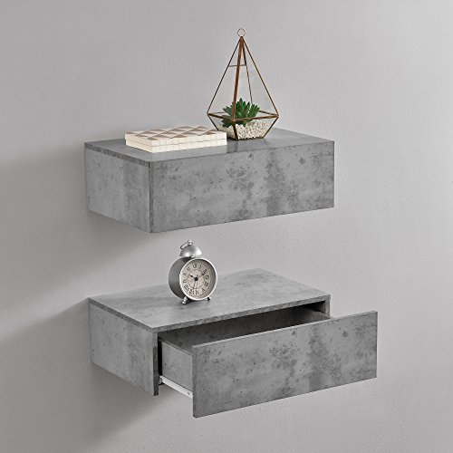 [en.casa] Wandregal Oslo mit Schublade 2er Set Nachttisch schwebende Nachtkommode Hängeregal Wandboard Nachtkonsole 46x30x15cm Beton-Optik