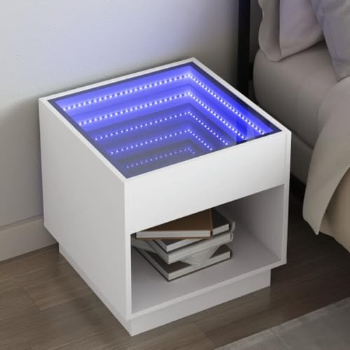 Ordellia Nachttisch mit Infinity-LED, Weiß, 50x50x50 cm, aus Holzwerkstoff & Glas, Beistelltisch für Schlafzimmer, Wohnzimmer, Nachtschrank mit RGB-Beleuchtung, Ablagetisch für Ambiente