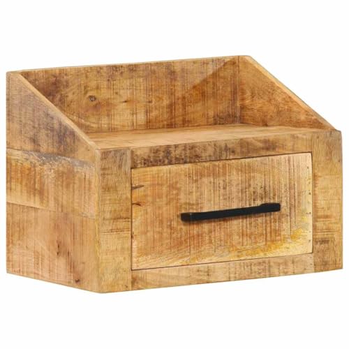 Runheo Brauner Nachttisch aus massivem Mangoholz, 40x30x30 cm, mit Schublade, Stabiler Metallrahmen, für Schlafzimmer und Wohnzimmer