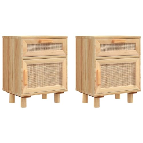 Makastle 2er Set Nachttisch Nachtschrank Schlafzimmer Wohnzimmer Nachtkommode Beistelltisch Stabiler Sofatisch Konsole Schrank, Braun Massivholz Kiefer und Natur-Rattan