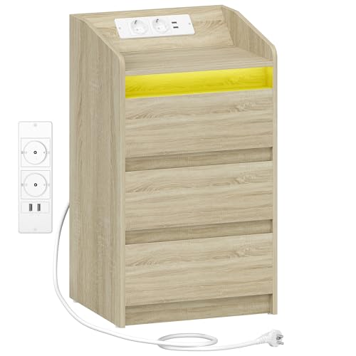 Hzuaneri Nachttisch mit 3 Schubladen, Beistelltisch mit Ladestation und LED, 2 AC-Steckdosenund 2 USB-Anschlüsse für Schlafzimmer, Wohnzimmer, Eiche NS40016X
