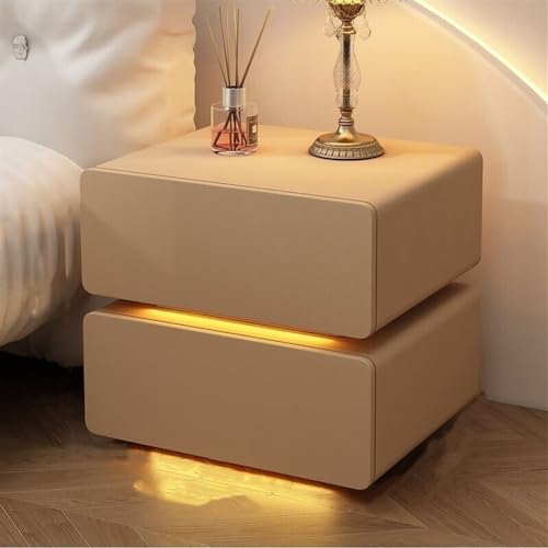 LED-Nachttisch mit Leder-Finish, Nachttisch aus Massivholz, moderner Beistelltisch mit 2 Schubladen, für Schlafzimmer & Wohnzimmer, Braun, 40 x 40 x 48 cm