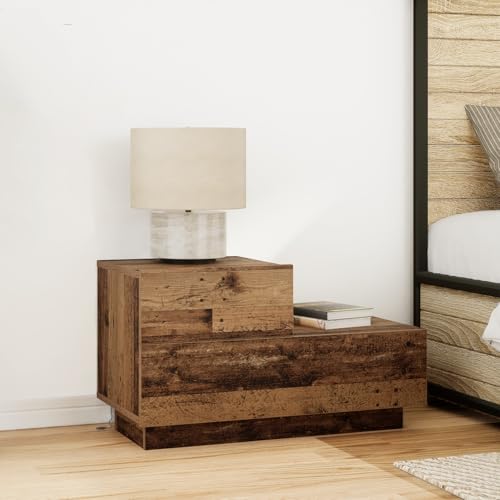 Qnhdfrt Nachttisch mit LED Leuchten Altholz Vintage Braun 70x36x40.5 cm Schmal für Schlafzimmer - Große Schubladen, Keine Montage, Rustikaler Charme