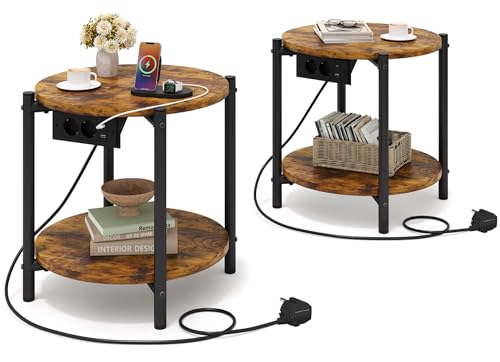 IRONCK Beistelltisch rund, Couchtisch mit Steckdose, Kleiner Tisch Holz, Wohnzimmertisch 2 Ablagen,Sofatisch,USB & Type-C-Anschluss, Metallrahmen, Nachttisch für Schlafzimmer (Vintagebraun, 2 Stücke) IRONCK Beistelltisch rund, Couchtisch mit Steckdose, Kleiner Tisch Holz, Wohnzimmertisch 2 Ablagen,Sofatisch,USB & Type-C-Anschluss, Metallrahmen, Nachttisch für Schlafzimmer (Vintagebraun, 2 Stücke)