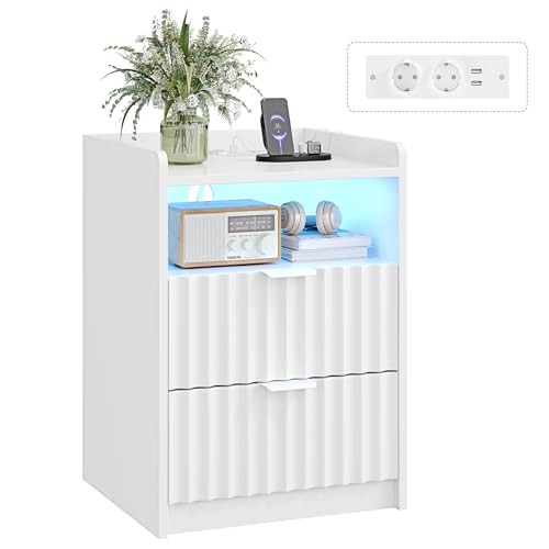 mojiasion Nachttisch weiß mit USB-Ladestation & LED-Beleuchtung – 2 Schubladen + 1 Fach – Moderner Nachtschrank, Beistelltisch, Sofatisch, Couchtisch, Bedside Table Weiss für Schlafzimmer, Wohnzimmer