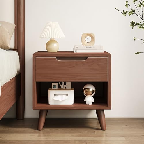 Gerillter Griff Massivholz Beistelltisch Nachttisch Regal Nachttisch Nachttisch Modernes Holz Nachttisch Beistelltisch Mid Century Schlafzimmer Lagerung Nachttisch Beistelltisch Mit 2 Schubladen(Walnu