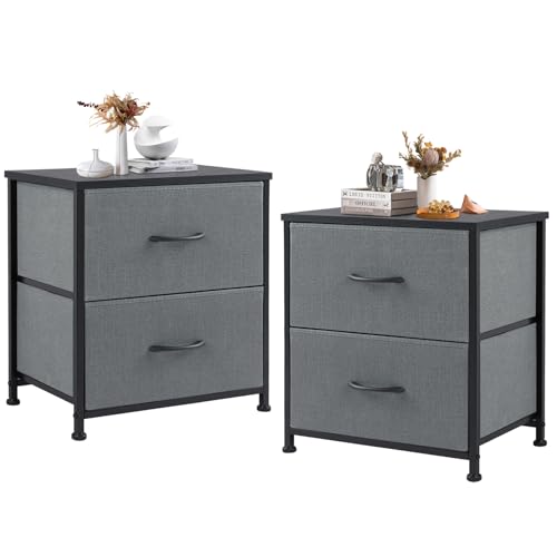 DUMOS Nachttisch 2er Set Beistelltisch Stoff Schubladenschrank Schmal Schrank Kommode Schlafzimmer Industrial Stil für Wohnzimme Kinderzimmer Flur Aufbewahrungsschrank