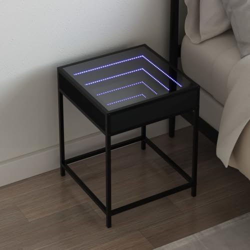 HaoChrymec Nachttisch mit Infinity-LED, Schwarz, Holzwerkstoff und Metall, RGB-LED-Beleuchtung, 2 Türen, Kommode mit Schubladen, Kleiner Beistelltisch für Schlafzimmer und Wohnzimmer, 40x40x51 cm
