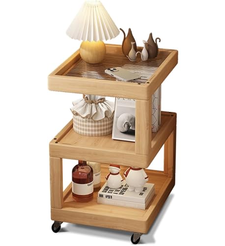 Couchtisch mit 3 Ablagen, Tischplatte aus gehärtetem Glas, niedriger Nachttisch für Wohnzimmer, Balkon, Terrasse, Holz-Finish, 40 cm, modernes Design, vielseitige Aufbewahrungslösung