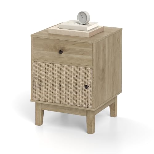 KOMFOTTEU Nachttisch mit Schublade & Rattan-Tür, Nachtschrank Holz mit Kiefernbein & Kippschutzeinrichtung, Vintage Beistelltisch Nachtkommode 40 x 39 x 55 cm, für Wohnzimmer Schlafzimmer (Natur)