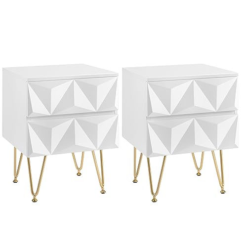 EUGAD 2er Set Nachttisch mit 2 Schublade, 3D-Effekt, Beistelltisch Nachtschrank Nachtkommode, 40x53x40 cm, für Boxspringbett Schlafzimmer Wohnzimmer, dekorativ, Weiß + Gold, 0001CTG-2