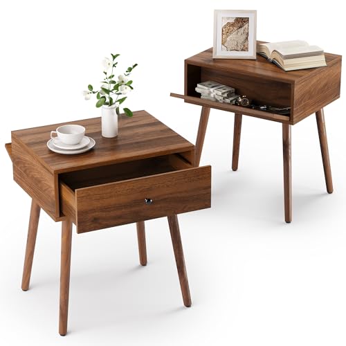 LUE BONA Nachttisch 2er Set,Modern Couchtisch Beistelltisch,Mit Versteckten Fächern und offenen Schubladen Nachttischschrank,Holzbei ne,für Schlafzimmer und Wohnzimmer,Walnuss