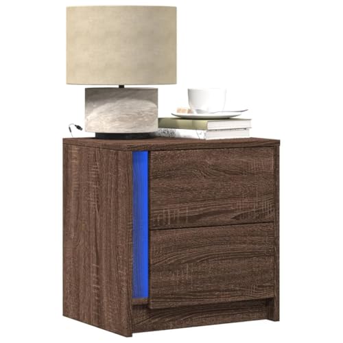 Youuihom Nachttisch mit LED-Leuchten Braun Eichen-Optik Holzwerkstoff Schmaler Beistelltisch Klein Kleiner Tisch Beistelltisch Schmal für Wohnzimmer Schlafzimmer Bad Jugendzimmer