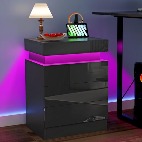 EXSELTMAN Nachttisch mit led, Einstellbare 16 Farben, 3 Schublade, Hochglanz, Nachttisch mit Beleuchtung, Verstecktem Schublade, Nachtschrank Schwarz für Schlafzimmer Wohnzimmer 40x35x61cm