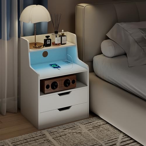 GIANTEX Nachttisch mit Beleuchtung und Ladefunktion, Nachtschrank mit 2 Schubladen & offenen Fächern, Nachtkästchen Boxspringbett, Nachtkommode Holz, Beistelltisch Sofatisch 45 x 35 x 72,5 cm, Weiß