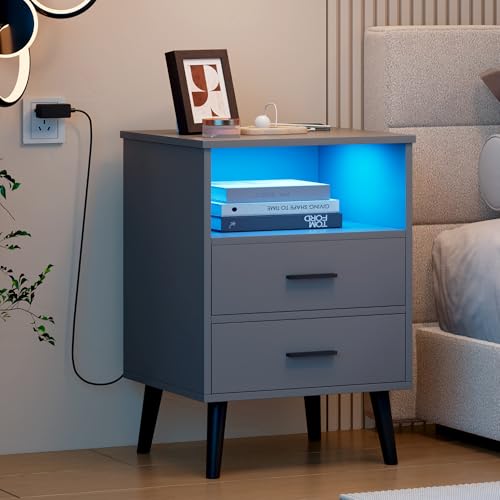 LVSOMT Nachttisch mit Geheimfach und LED, Holz Nachttisch mit Drahtloses Ladefunktion, 3 Farben LED Licht, Metallgriffe und Füße, USB und Type-C, 3 Schubladen, Nachttische für Schlafzimmer, Grau
