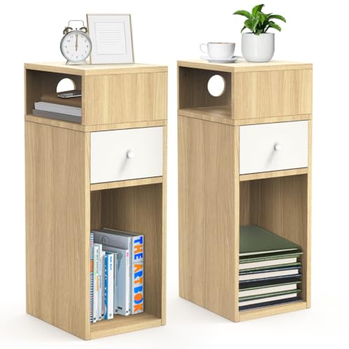 VOUNOT® Nachttisch 2er Set, Schmal, Beistelltisch mit 2 offenem Fach & 1 Schublade, Modern Nachtschrank, Nachtkästchen für Schlafzimmer, Wohnzimmer, 25x30x66cm Natur