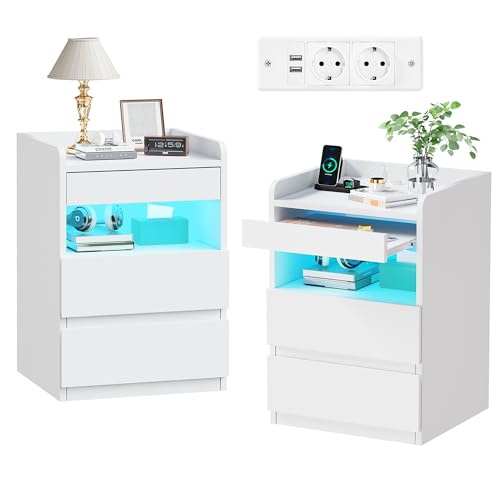 BEWISHOME Nachttisch 2er Set,Nachtschrank mit Verstecktes Fach,Nachttisch mit Steckdose,Einfach und vielseitig Nachtschrank mit Ladefunktion,für Wohnzimmer und Schlafzimmer (Weiß) EFCG02W