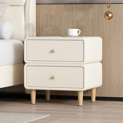 TOTLAC Nachttisch aus Holz, moderner, einfacher Nachttisch, Leder, Massivholz, Schlafzimmer-Nachttisch mit 2 Schubladen und 4 Holzbeinen, Nachttischschrank