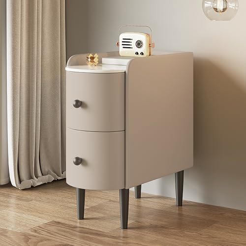 Schmaler Nachttisch aus Kunstleder mit 2 Schubladen und Metallbeinen, moderner schlanker Beistelltisch mit Marmorplatte, für Schlafzimmer und Wohnzimmer, Aufbewahrung (30 x 40 cm)