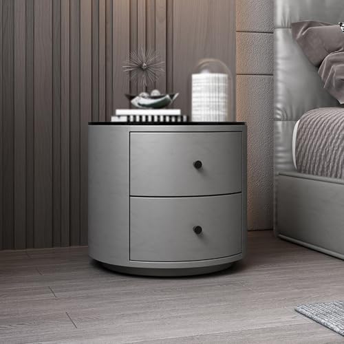 Runder Nachttisch mit 2 Schubladen, Leder-Finish, Tischplatte aus gehärtetem Glas, modernes Design für Schlafzimmeraufbewahrung