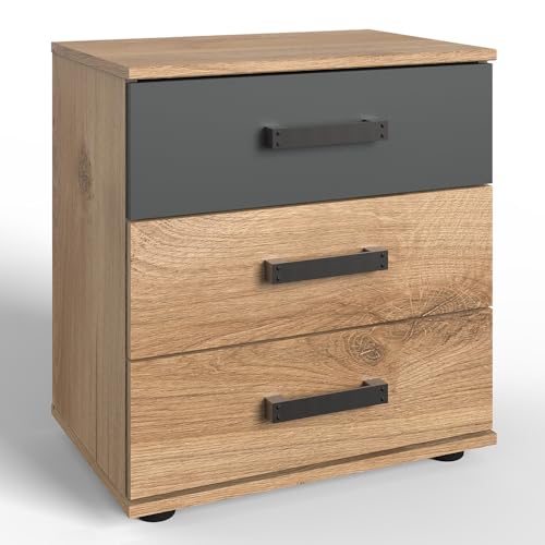 Lomadox Schlafzimmer Nachtkommode Nachtschrank Nachttisch Nachtischschrank 3 Schubladen Industrial Stil Design Eiche Graphit 52x58x38 cm