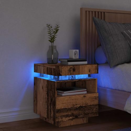 SKTQYQO Nachttisch mit RGB-LED-Lichtern aus antikem Holz, 40 x 39 x 48,5 cm, feuchtigkeitsbeständige Spanplatte mit großer Schublade und glatter Oberfläche, für Schlafzimmer, moderne Beleuchtung